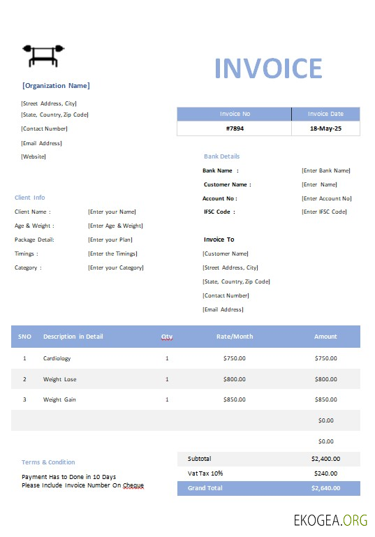 Modèle de facture de salle de sport template Modèle de facture de salle de sport template